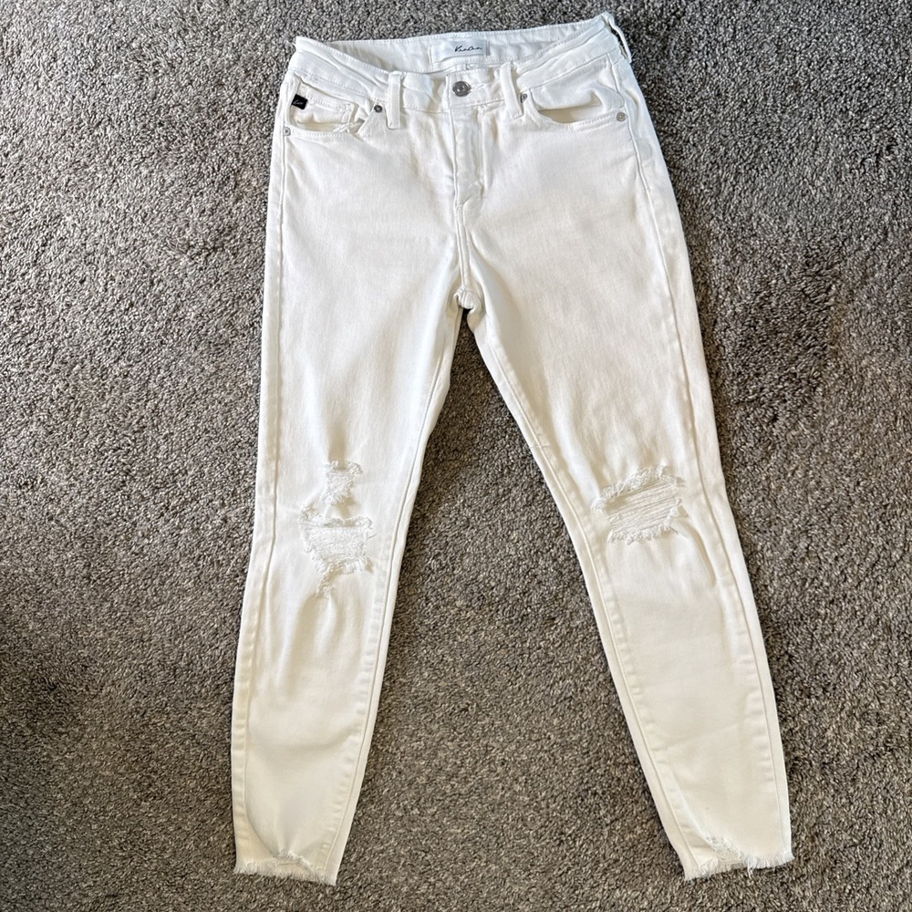 KanCan Women's Jeans White Distressed Fray Ankle Stretch Skinny Crop Size 7